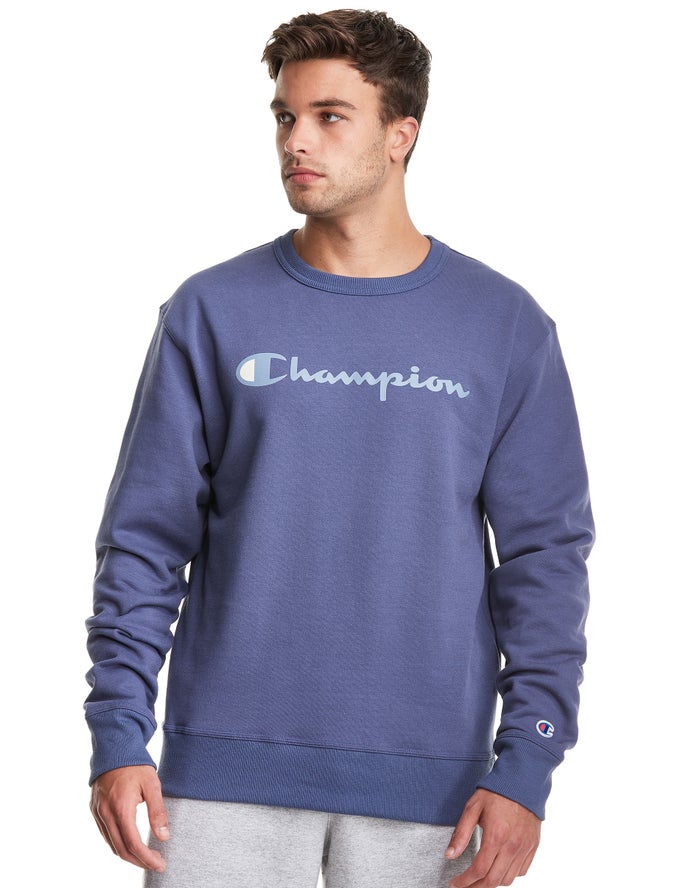 Champion Mens Sweatshirt NZ - Powerblend Fleece Crew Script Logo Blue ( 3618-AWOSU )